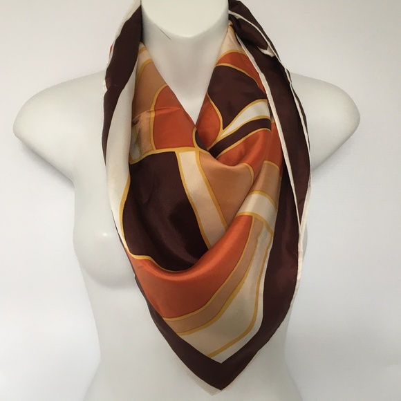 Vintage Scarf 26" Square Brown & Tan Geometric Pattern Hand Rolled Edge - Picture 2 of 5